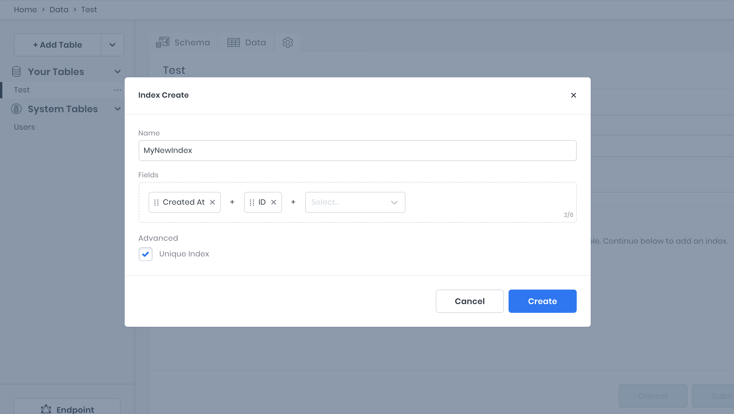 Creating new table index