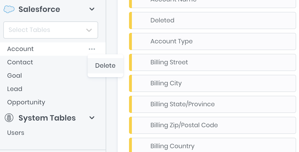 Delete Salesforce tables from 8base workspace