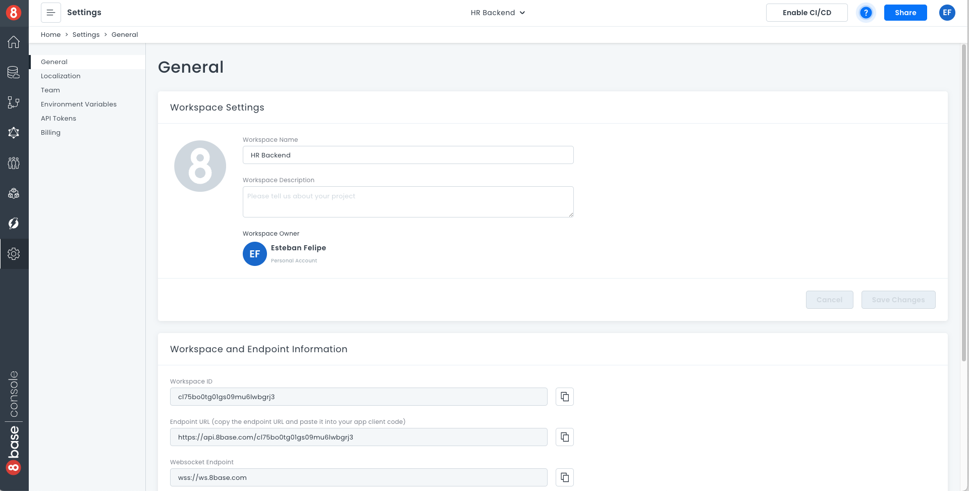 API Endpoint Workspace Settings