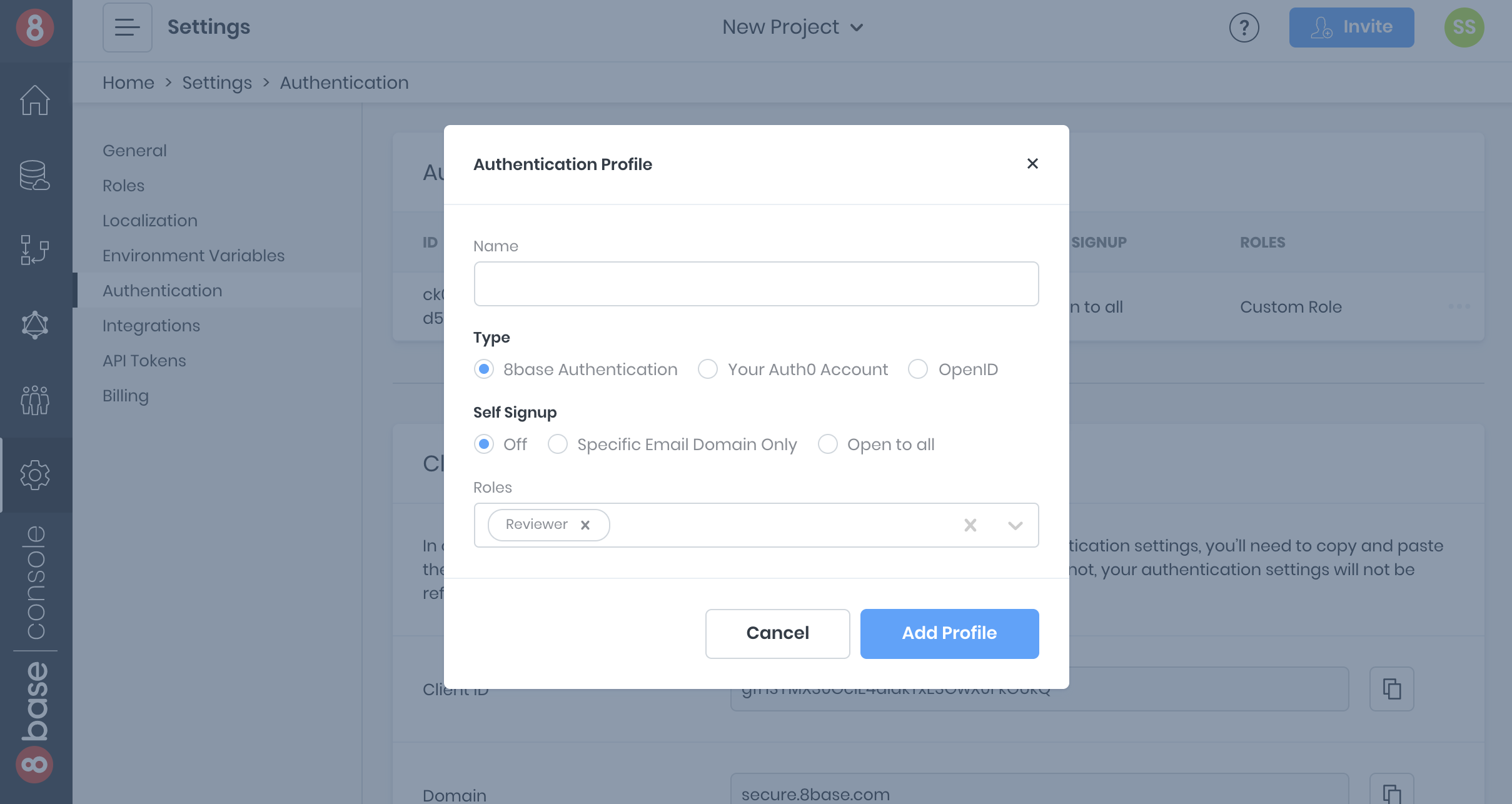 8base authentication profile