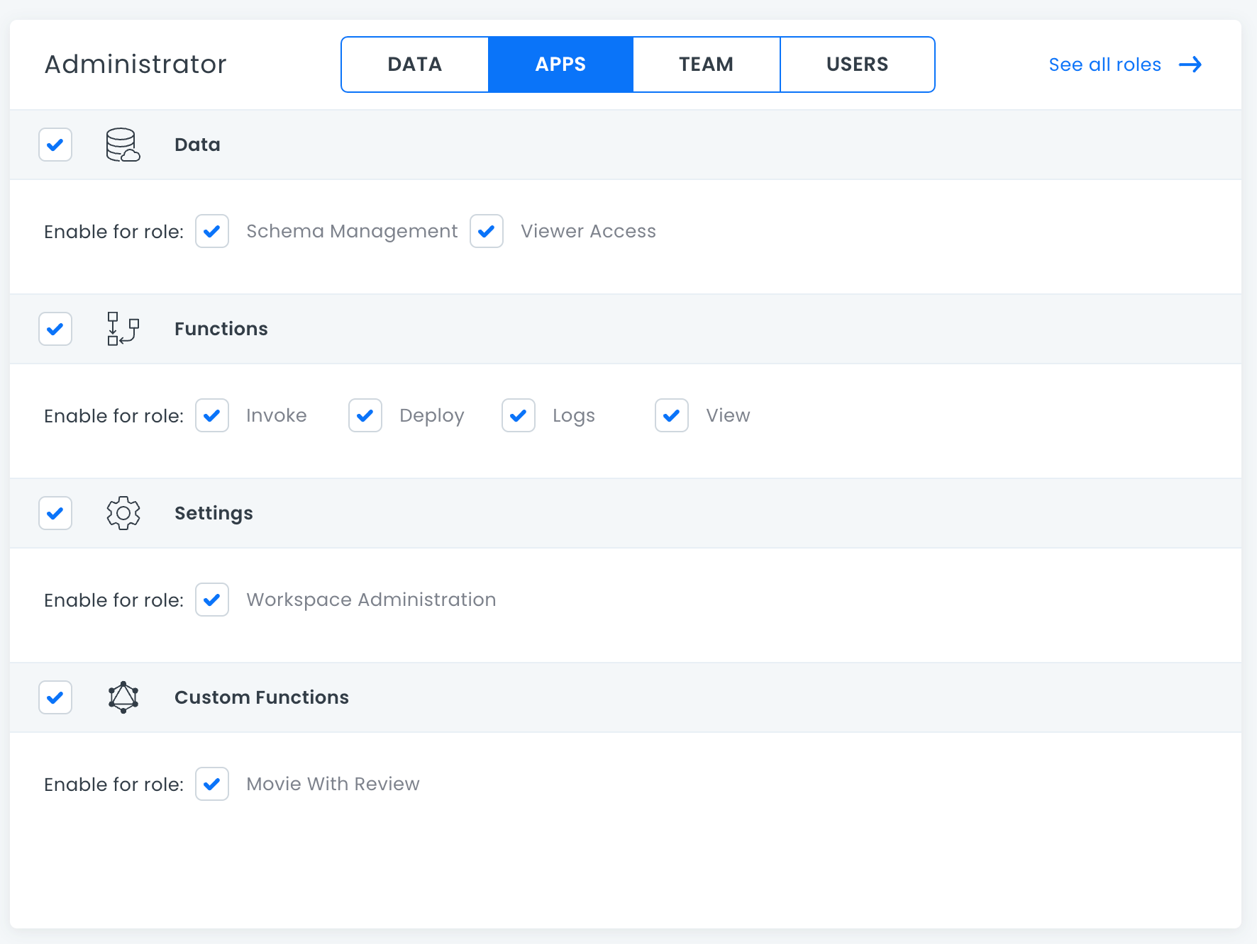 Apps permissions in Roles Manager