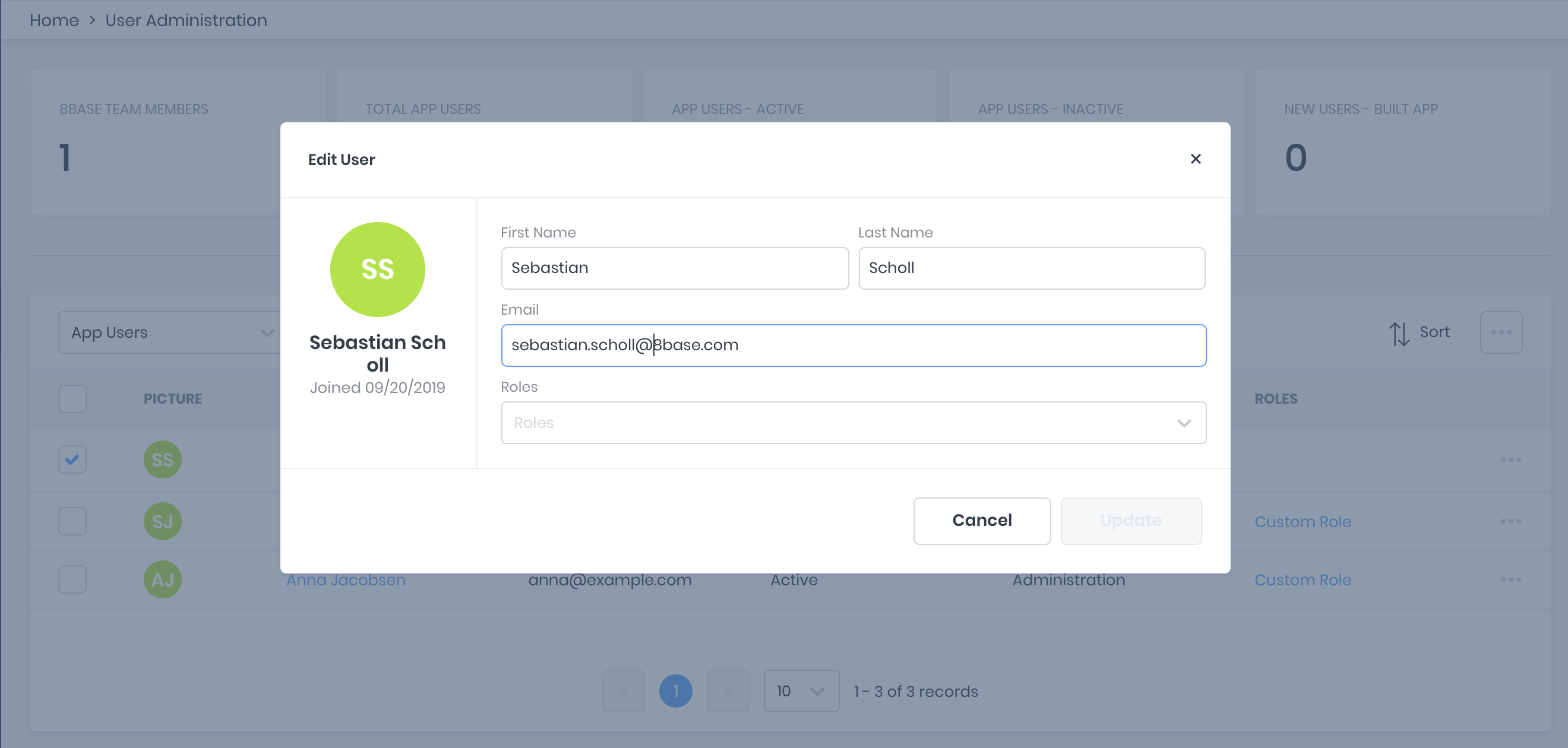 User administration screen
