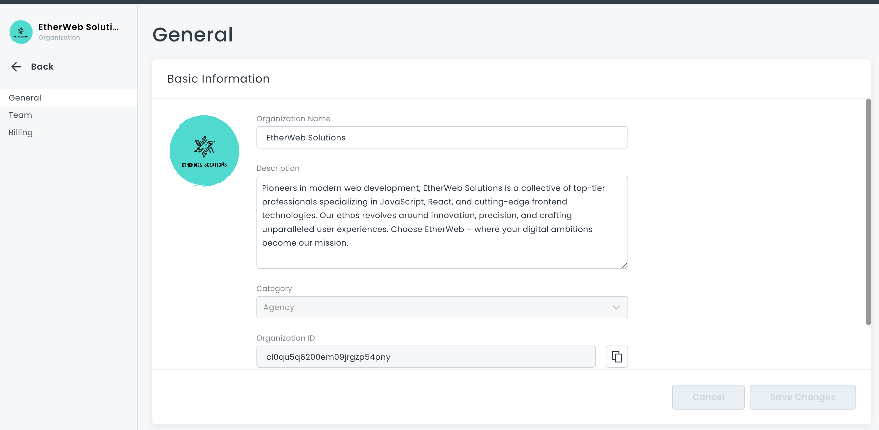 Organization General settings page