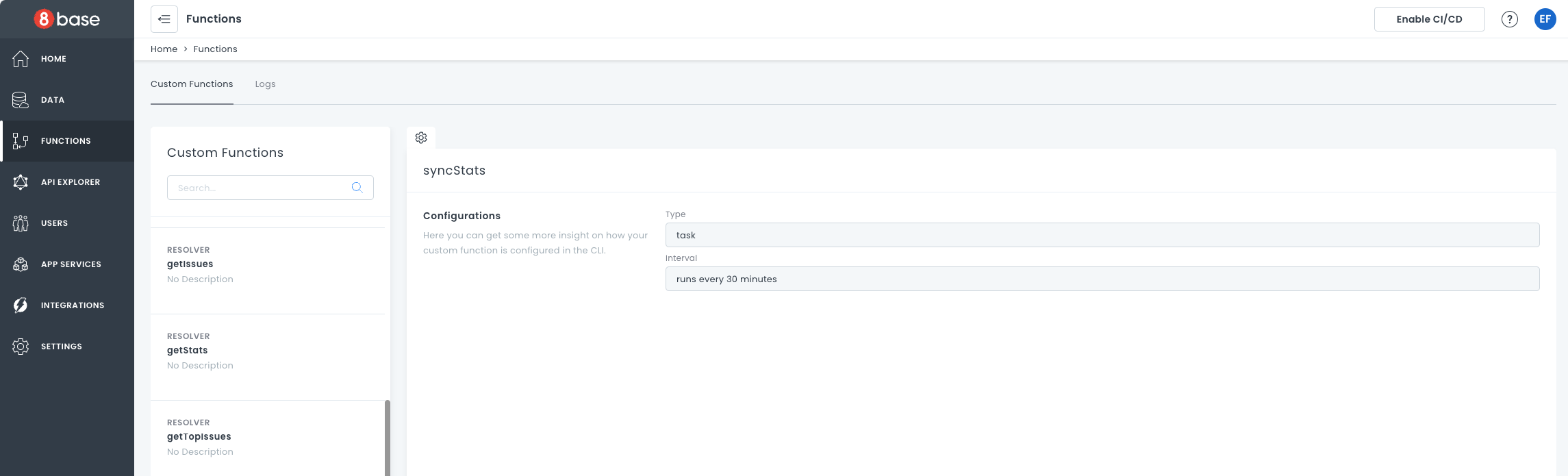 Function Dashboard screen