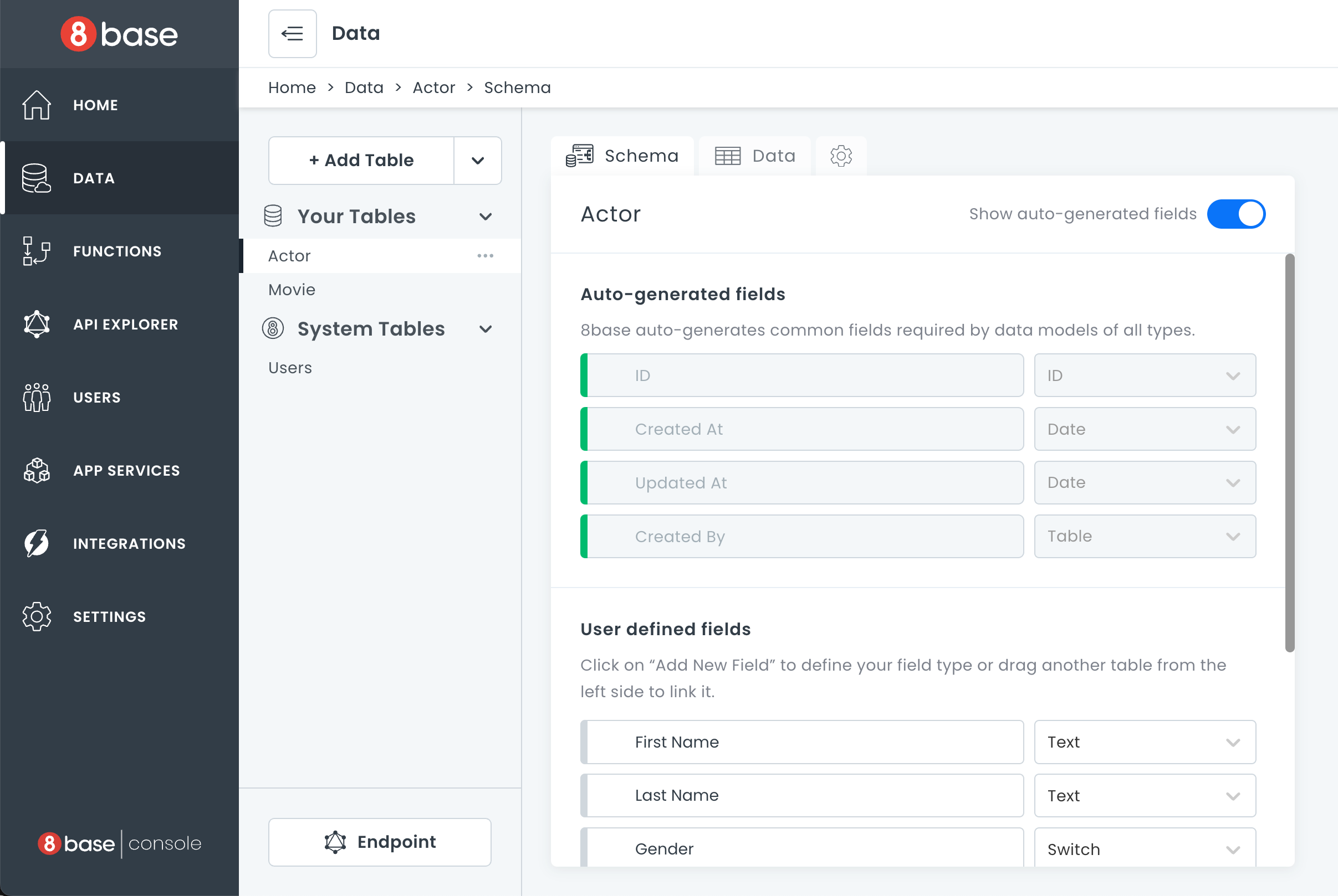 8base Data Builder screen