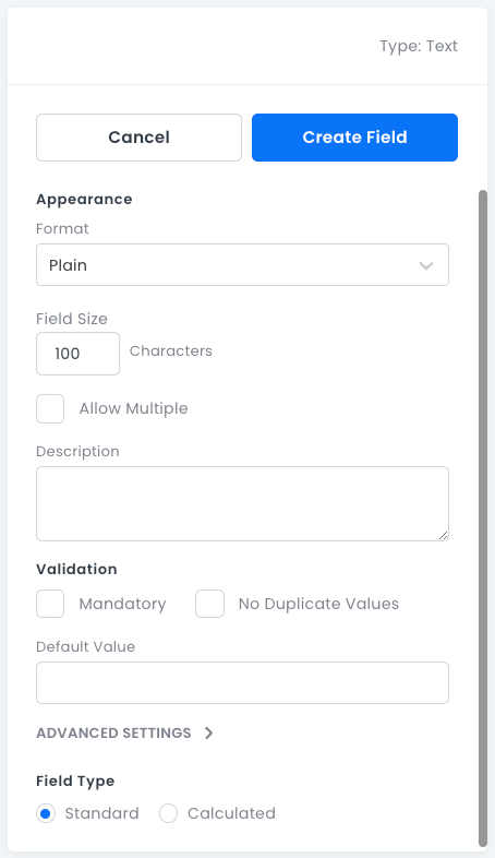 Text field properties pane